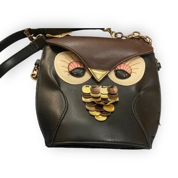 Owl Purse Cross Body Handbag Adjustable Strap Black & Brown Embellished - Picture 2 of 6